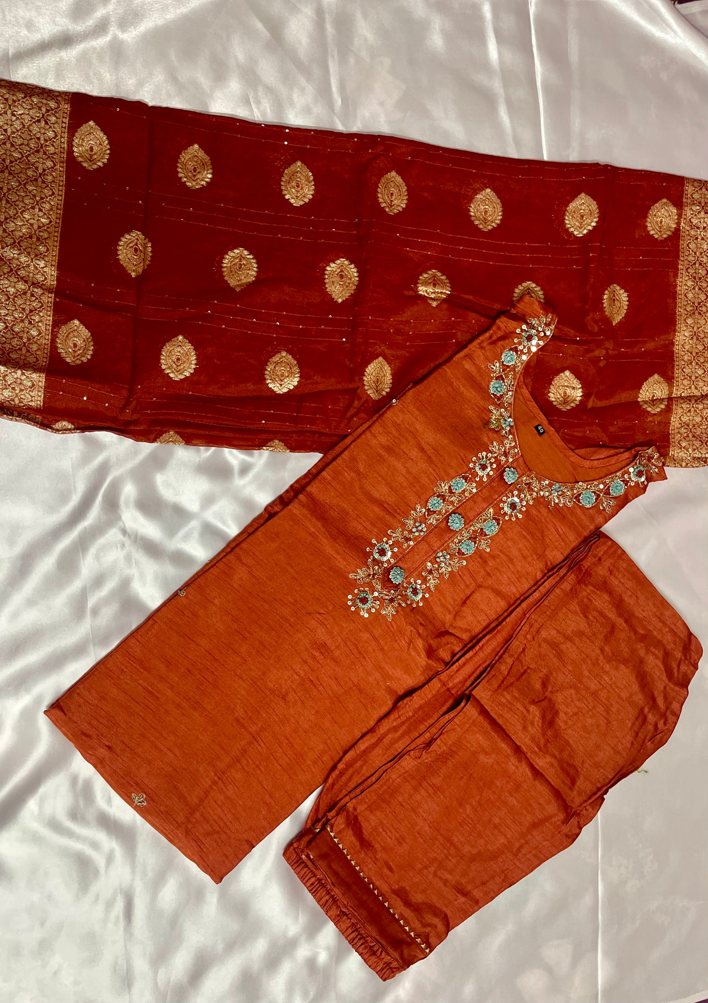Orange Hand Work Kurta Pant Set With Banarasi Dupatta