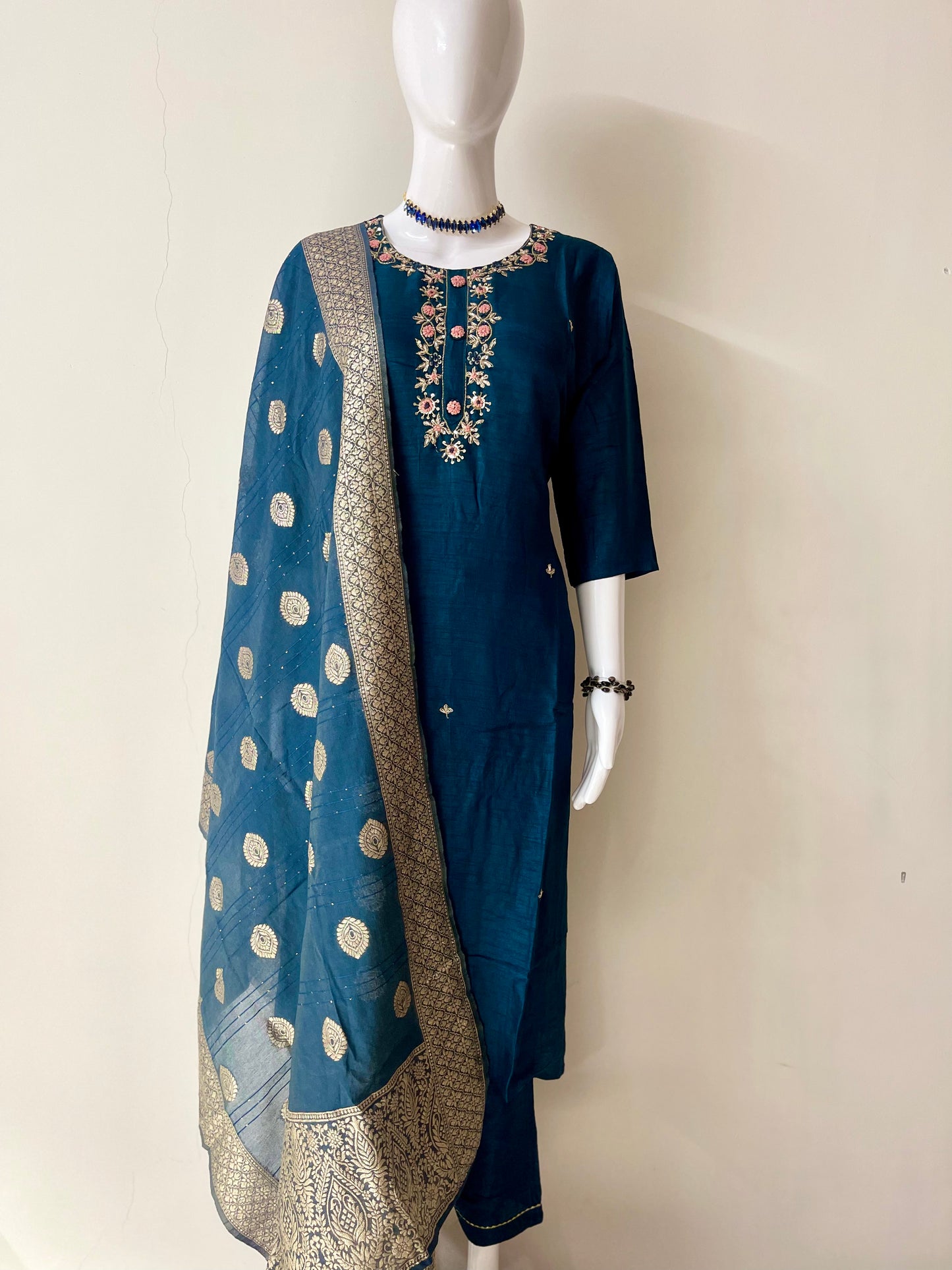Hand Work Stylish Blue Kurta Pant Set With Banarasi Dupatta