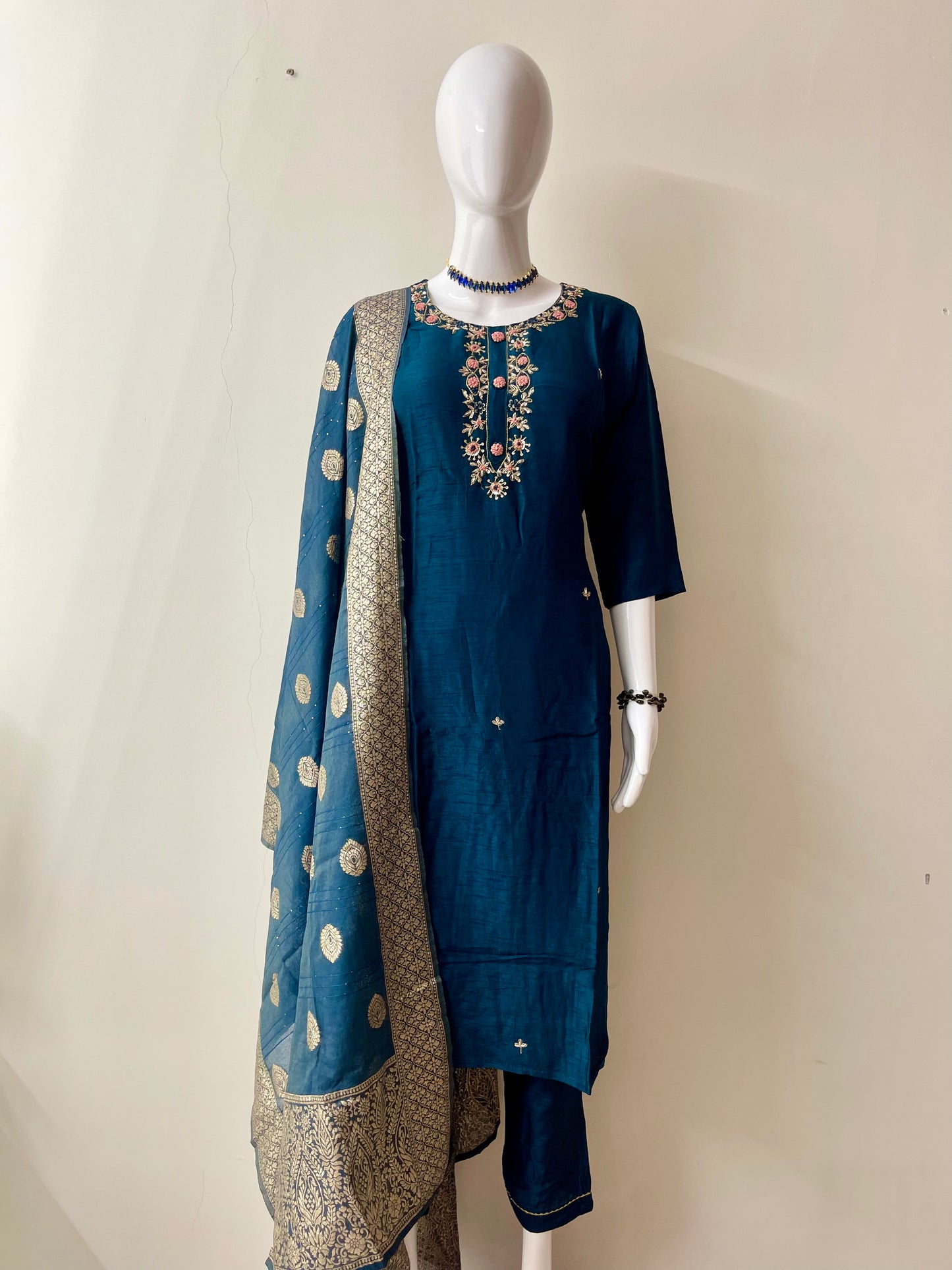 Hand Work Stylish Blue Kurta Pant Set With Banarasi Dupatta